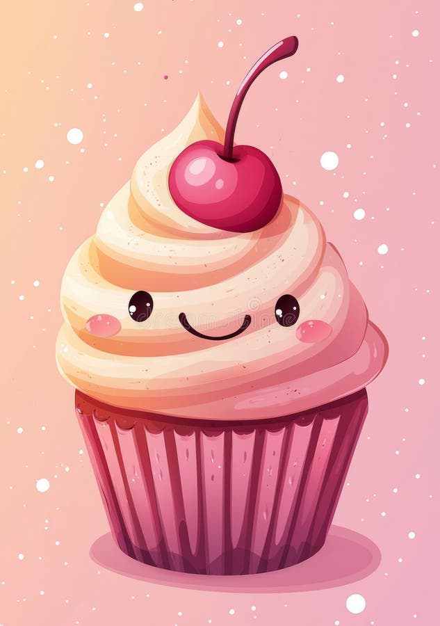 Cute kawaii cupcake with a cherry on top, pastel gradient background. Generative AI AI generated
