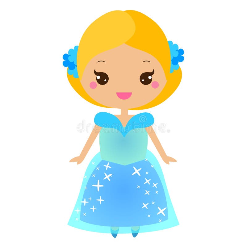 Cute kawaii fairy tale princess in blue dress. Girl in queen costume. Cartoon style vector illustration