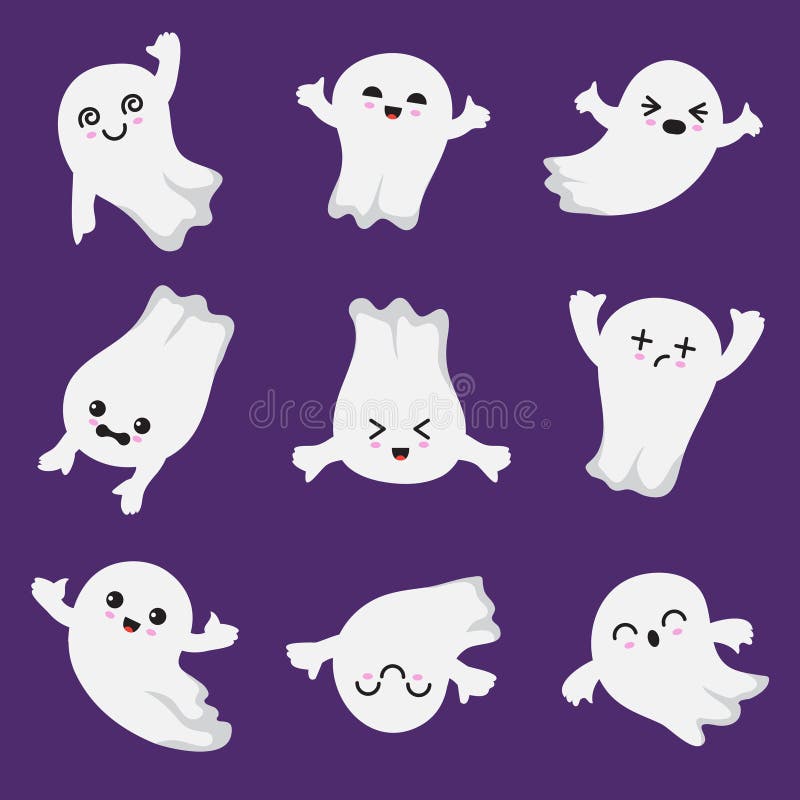 Cute kawaii ghost. Halloween scary ghostly characters. Ghost vector collection in japanese style