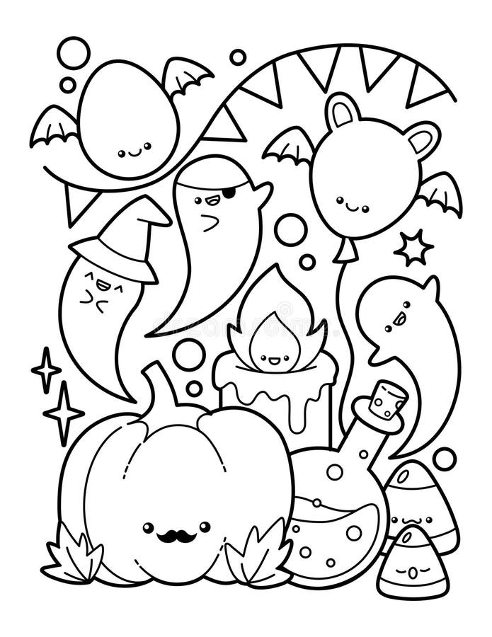 Cute and Kawaii Halloween Coloring Page Stock Vector - Illustration of ...