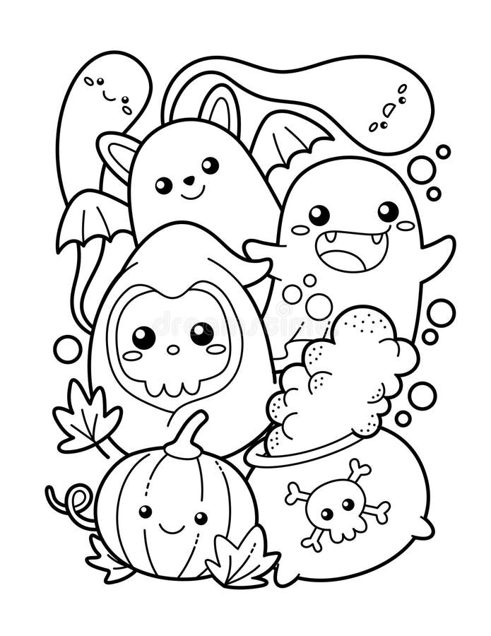 Cute and Kawaii Halloween Coloring Page Stock Vector - Illustration of ...