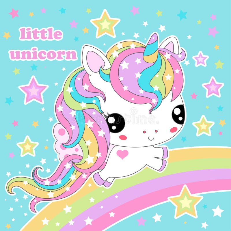 Cute, Kawaii, Rainbow Unicorn on a Blue Background. Vector Stock ...