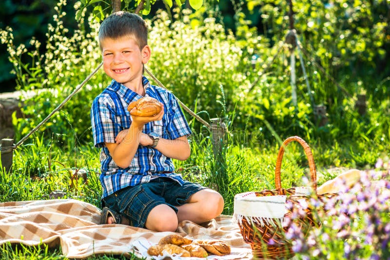 Cute kid boy having picnic stock photo. Image of brother - 54957242