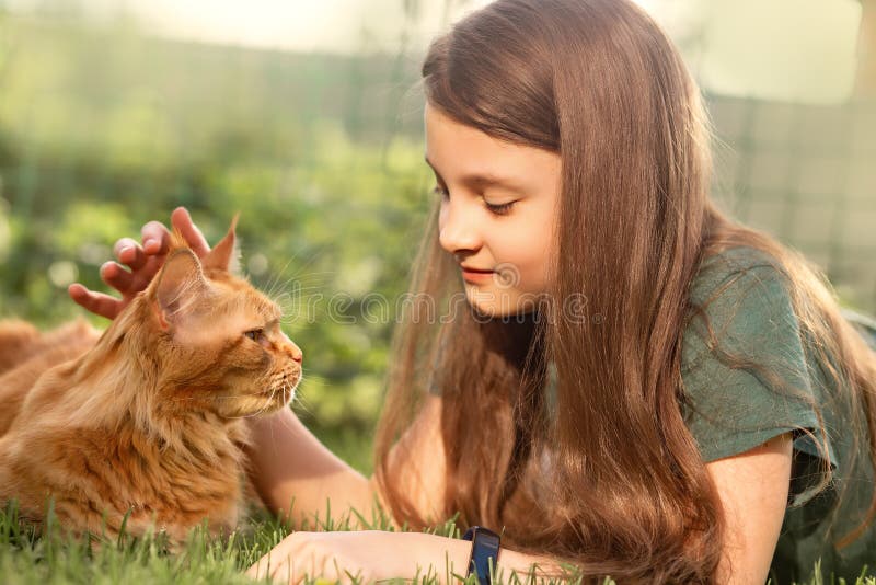 Cute kid girl petting the orange pedigreed cat with love on summer green grass background. Closeup portrait