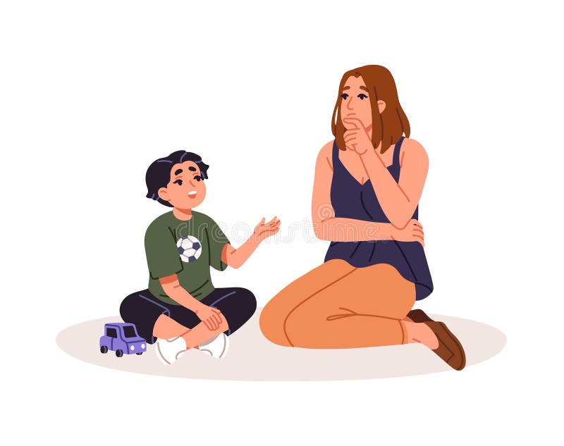 Cute kid and mom communicate. Child tells smth caring parent. Boy asks question, mother thinking about answer. Happy stock illustration
