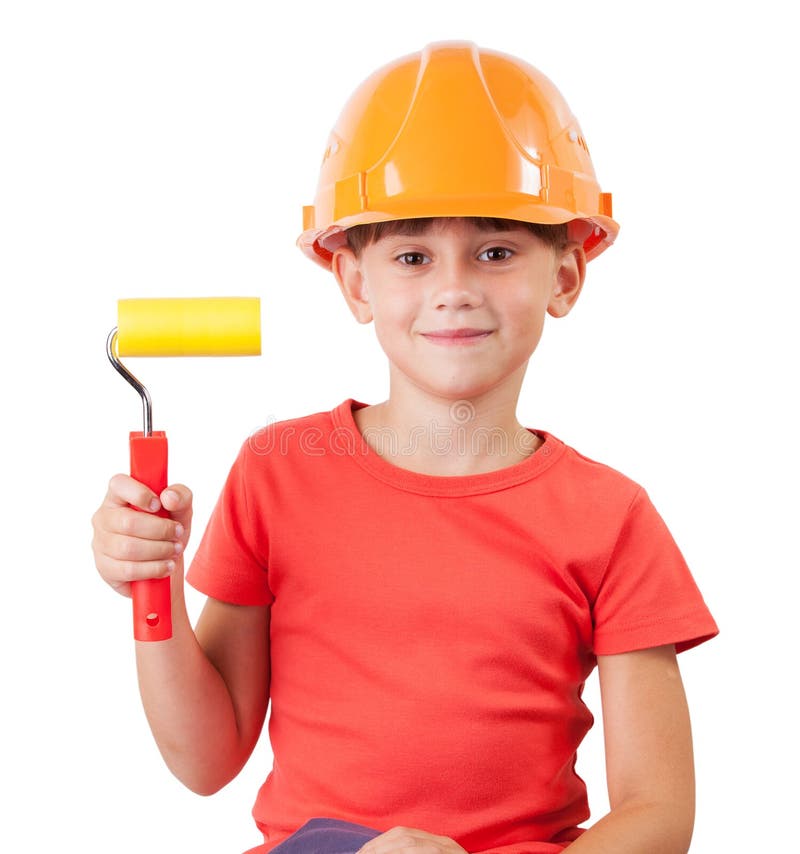 Kids in Overalls with Paint Roller and Paintbrush Stock Image Image