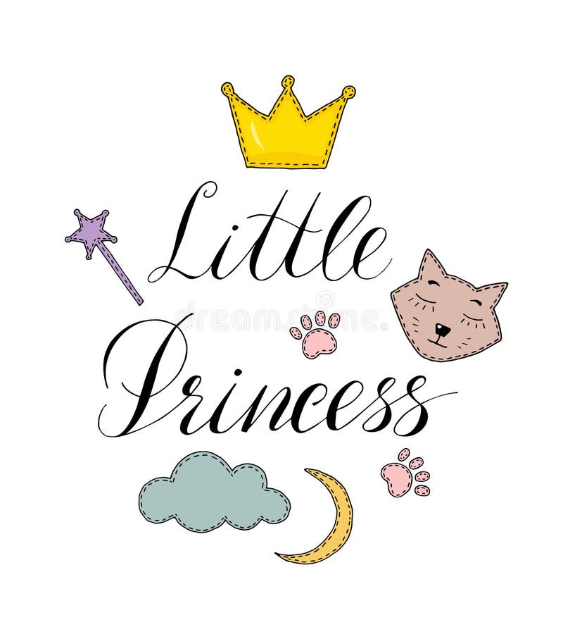 Cute kid print lettering for little princess girl with crown, cat, Magic wand on white background stock illustration Cute kid print lettering for little princess girl with crown, cat, Magic wand on white background stock illustration