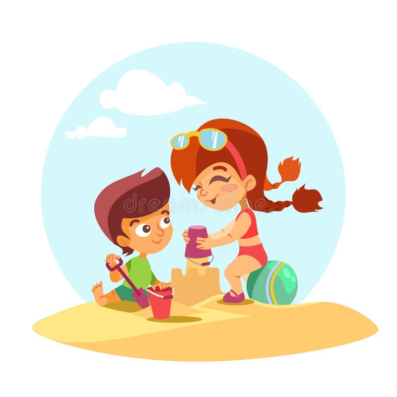 Cute kids building sand castle on summer beach.