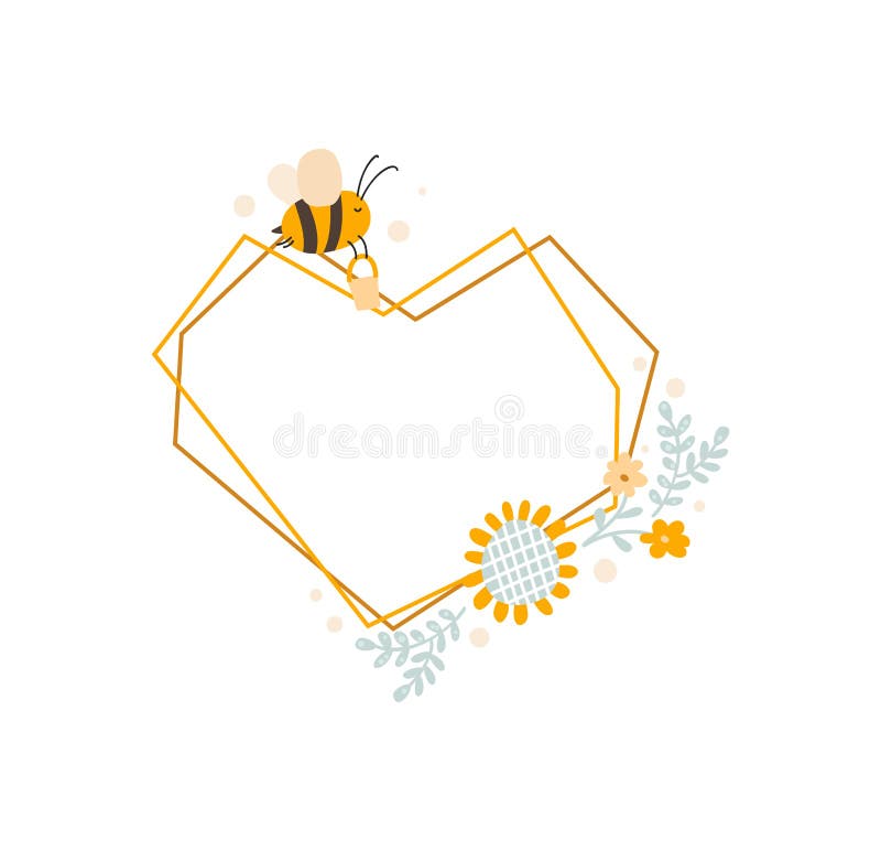 Cute kids heart love frame with bee and bouquet of sunflower wreath summer. Baby scandinavian style vector polygon