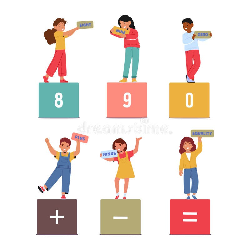 Cute Kids Holding Numbers Eight, Nine, Zero and Signs Plus, Minus or