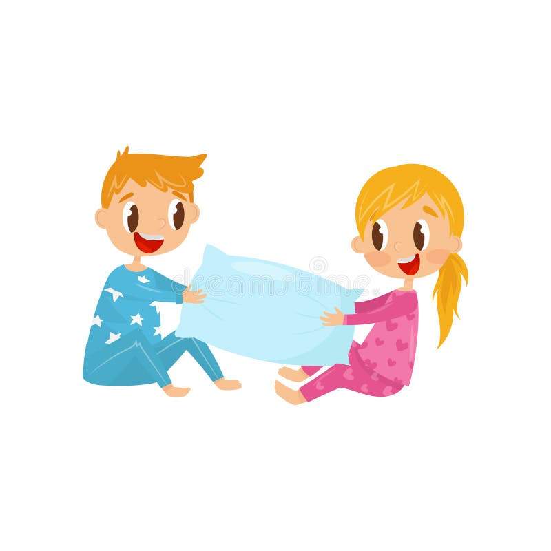 Cute Kids in Pajamas Playing with Pillow. Brother and Sister Having Fun ...