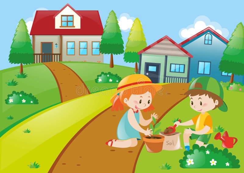 Cute kids planting trees stock illustration