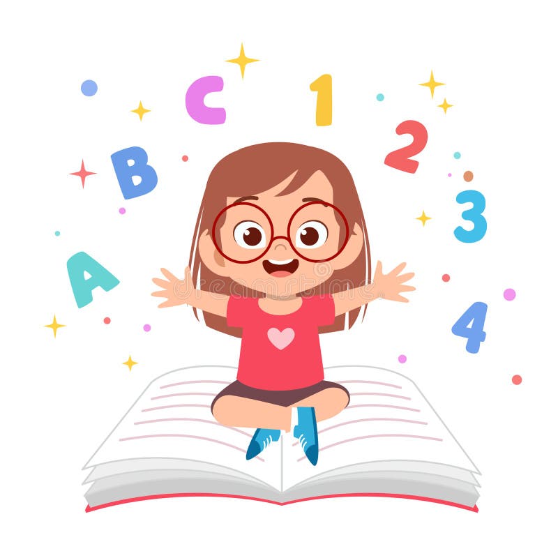 cute kids reading book education concept illustration