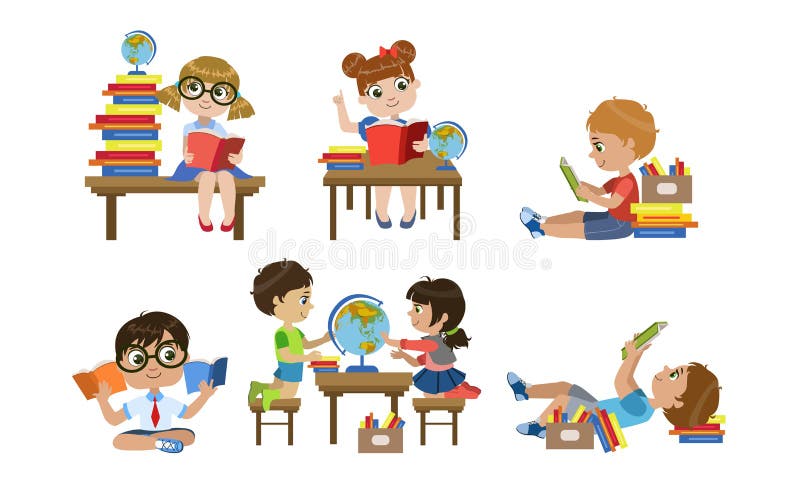 Cute Kids Reading Books Set, Children Learning Geography Vector Illustration vektor abbildung Cute Kids Reading Books Set, Children Learning Geography Vector Illustration vektor abbildung