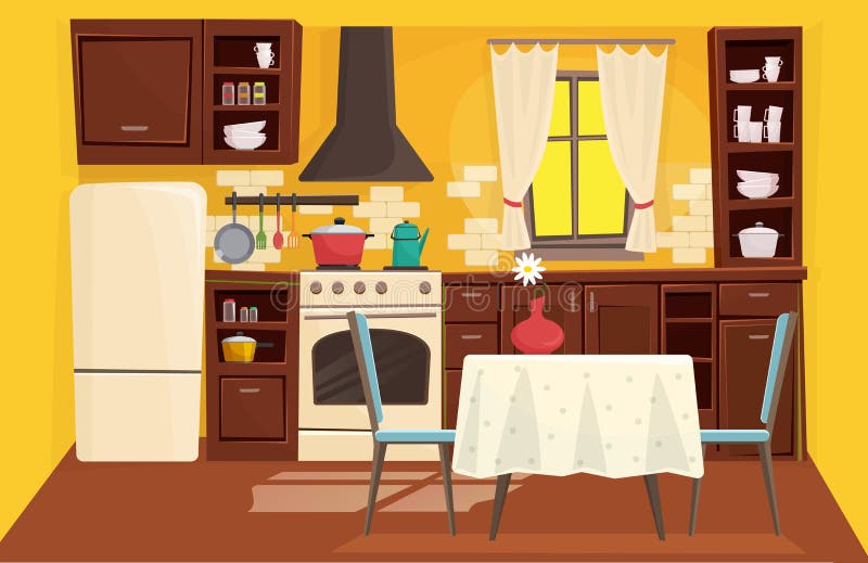 Cute Kitchen Interior Flat Cartoon Vector Illustration Concept Background  Stock Vector - Illustration of domestic, home: 178219372