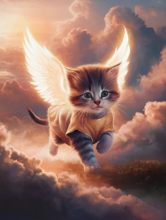 Cute kitten angel in animal heaven. Oil painting on canvas with texture and brush strokes. Grief card. Ideal of crematories, pet shops, parents and friends. Painting watercolor. Pet paradise Afterlife