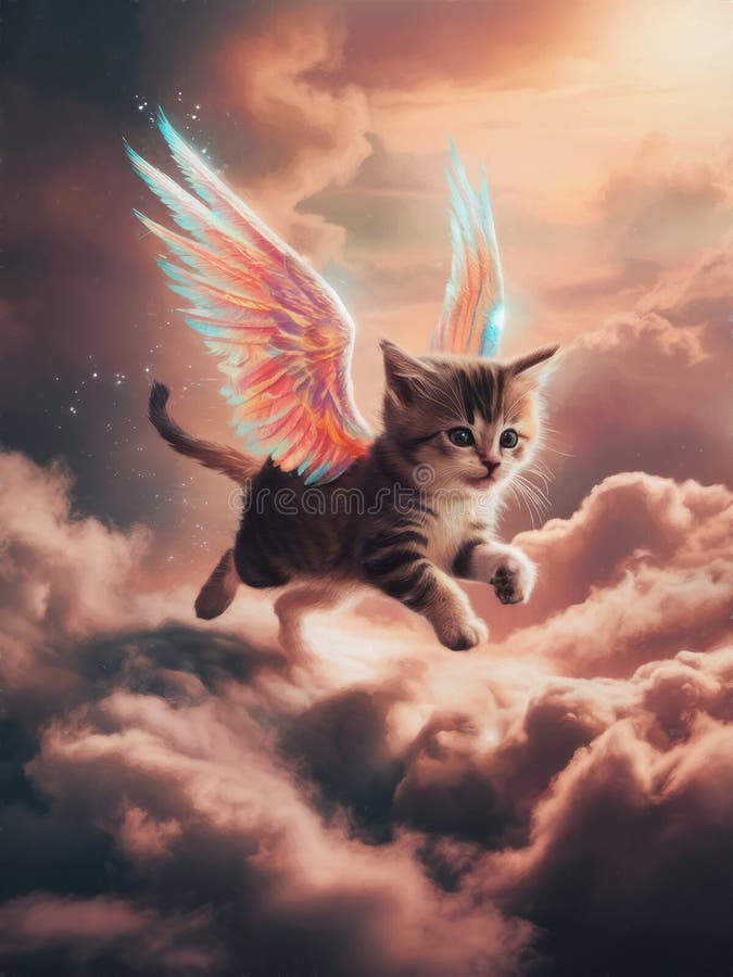 Cute kitten angel in animal heaven. Oil painting on canvas with texture and brush strokes. Grief card. Ideal of crematories, pet shops, parents and friends. Painting watercolor. Pet paradise Afterlife