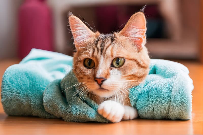 A cute kitten cat wrapped in a towel vector illustration