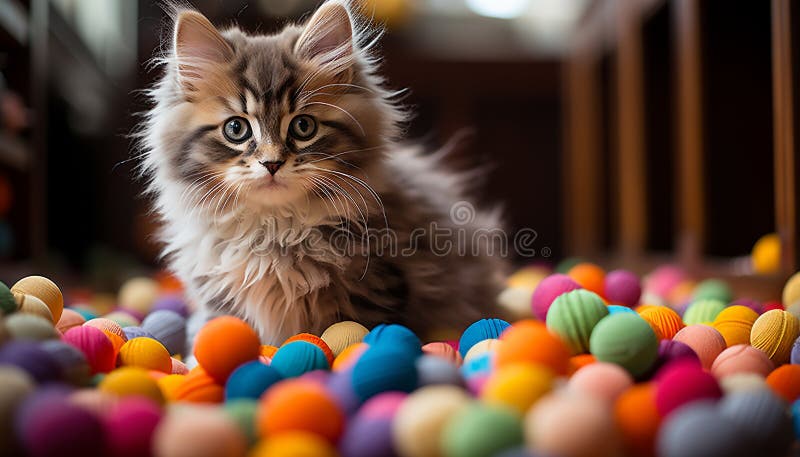 Cute kitten playing with a colorful ball on a table generated by AI royalty free stock image