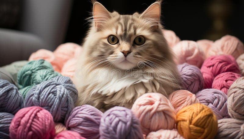 Cute kitten playing with colorful string, surrounded by cozy wool generated by AI royalty free stock photos