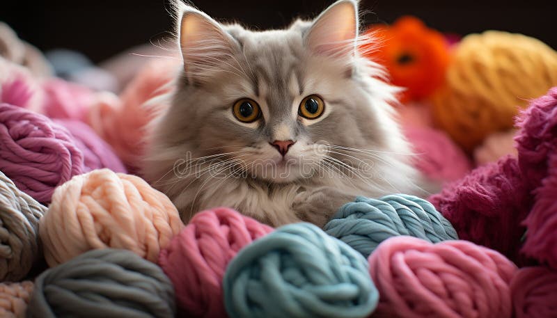 Cute kitten playing with colorful wool, surrounded by cozy decorations generated by AI royalty free stock image