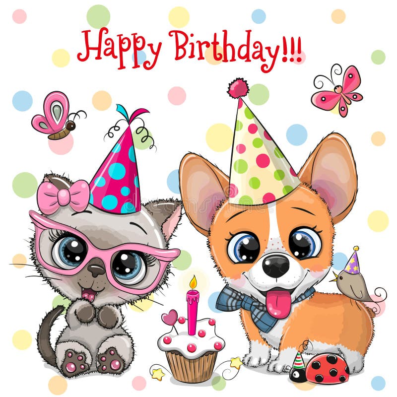 Cute Kitten and Puppy Owls with Balloon and Bonnets Stock Vector ...