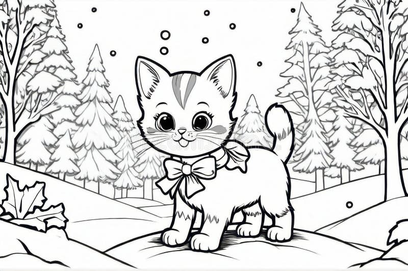 Cute Kitten in the Snow Coloring Sheet at 1-12-2024 Stock Illustration ...