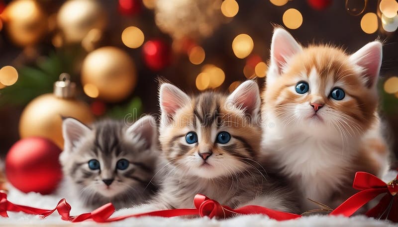 Cute kittens in a new year setting. Gift for Christmas. Concept of celebrating christmas or new year