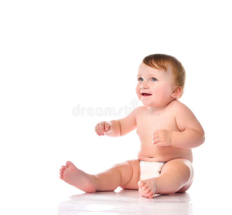 Cute laughing baby child in diaper studio portrait. Cute laughing barefoot naked baby child wearing diaper looking up studio portrait isolated on white stock photos Cute laughing baby child in diaper studio portrait. Cute laughing barefoot naked baby child wearing diaper looking up studio portrait isolated on white stock photos