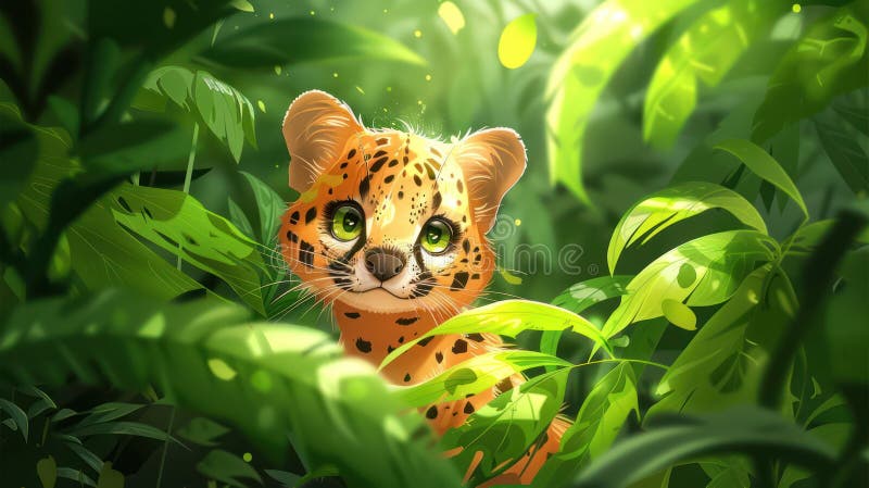 A cute leopard cub peeks through lush green foliage in vibrant jungle setting ilustração do vetor