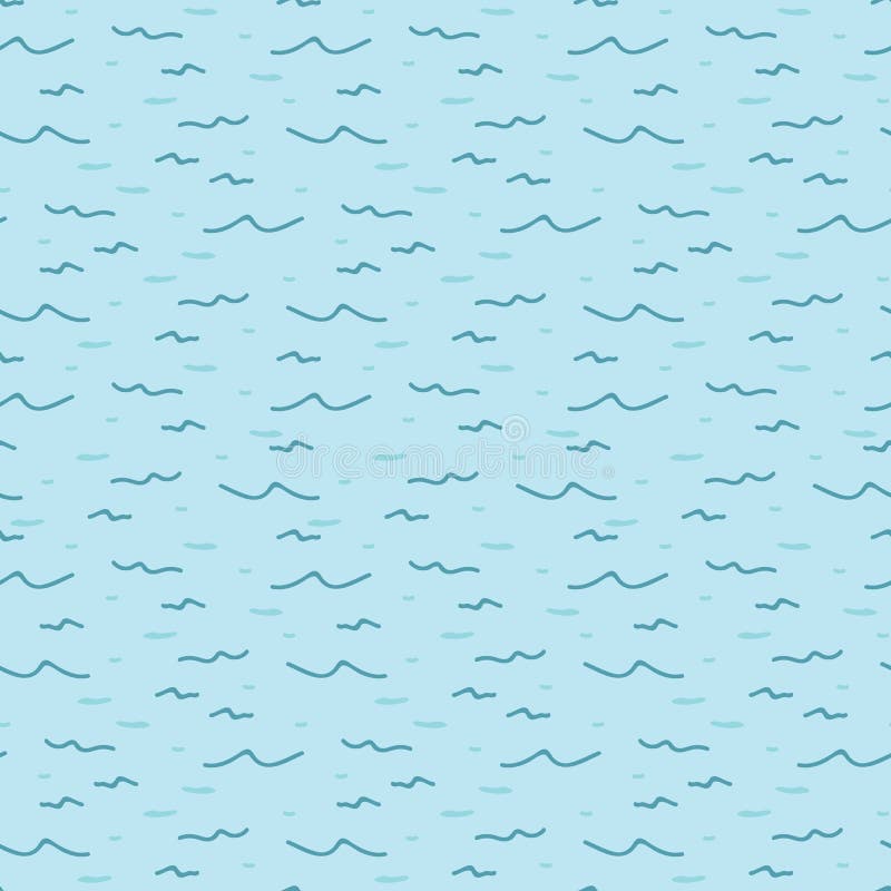 Cute light blue ocean waves cartoon seamless vector pattern. Hand drawn seaside splash tile