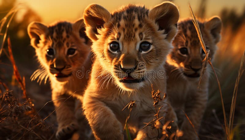 Cute lion cub playing in the grass at sunset generated by AI. Cute lion cub playing in the grass at sunset generated by artificial intelligence AI generated