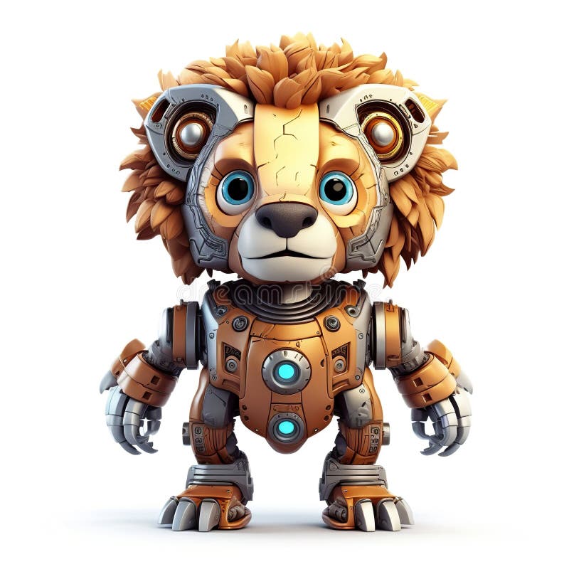 Cute Lion Robot, Robotic Animal Isolated Over White Background