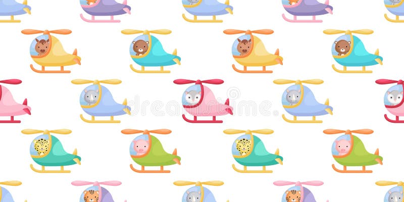 Cute Little Animals Fly on Helicopter Seamless Childish Pattern. Funny ...