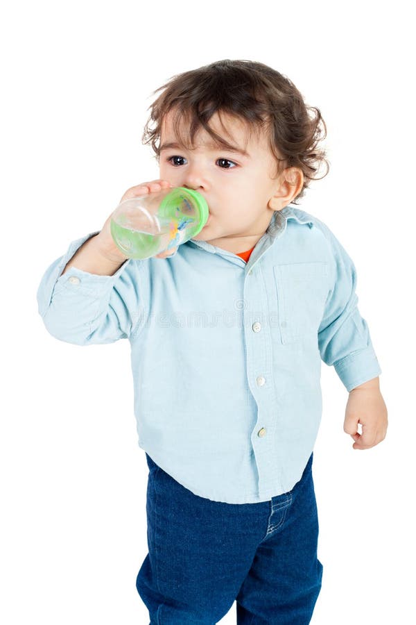 Cute Little Baby Boy Drinking Juice on White Background Stock Image
