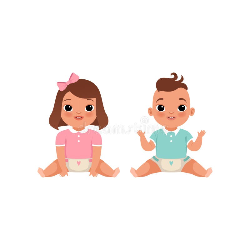 Cute little baby boy and girl characters sitting on rhe floor, stage of growing up concept vector Illustration on a