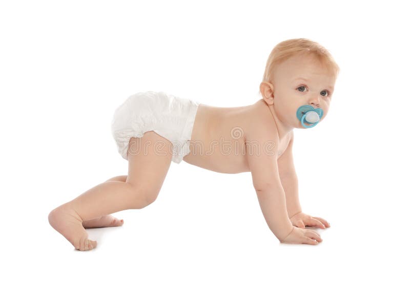 Cute little baby crawling on white stock photo