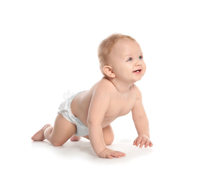 Cute little baby crawling on white royalty free stock photography Cute little baby crawling on white royalty free stock photography