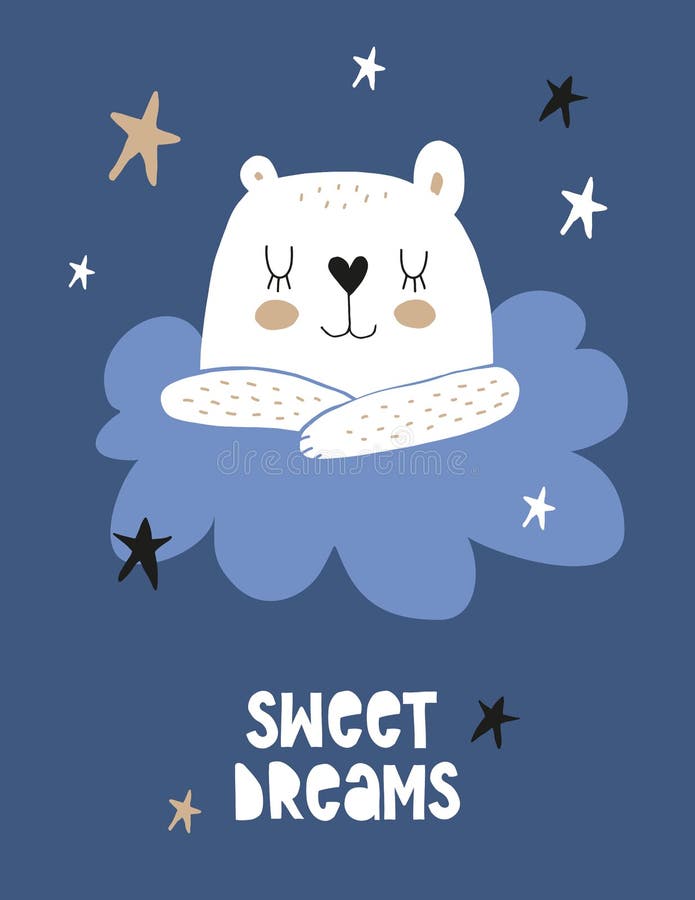 Cute Little Bear Sleeping on a White Fluffy Cloud on Dark Blue ...