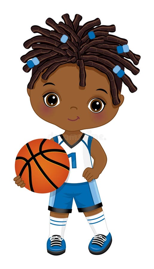 Cute Little African American Boy Playing Basketball. Vector Black Basketball Player