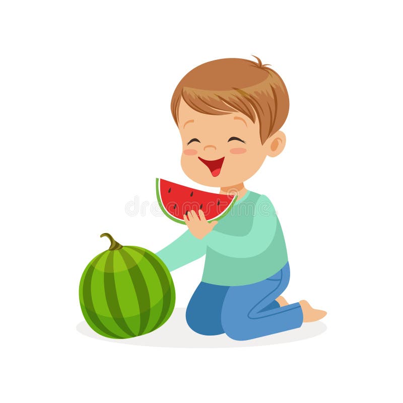 Cute Little Boy Character Enjoying Eating Watermelon Cartoon Vector  Illustration Stock Vector - Illustration of holiday, cheerful: 98848932