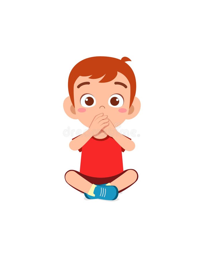 Cute little boy covering mouth with hand pose stock illustration