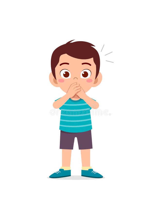 Cute little boy covering mouth with hand pose vector illustration