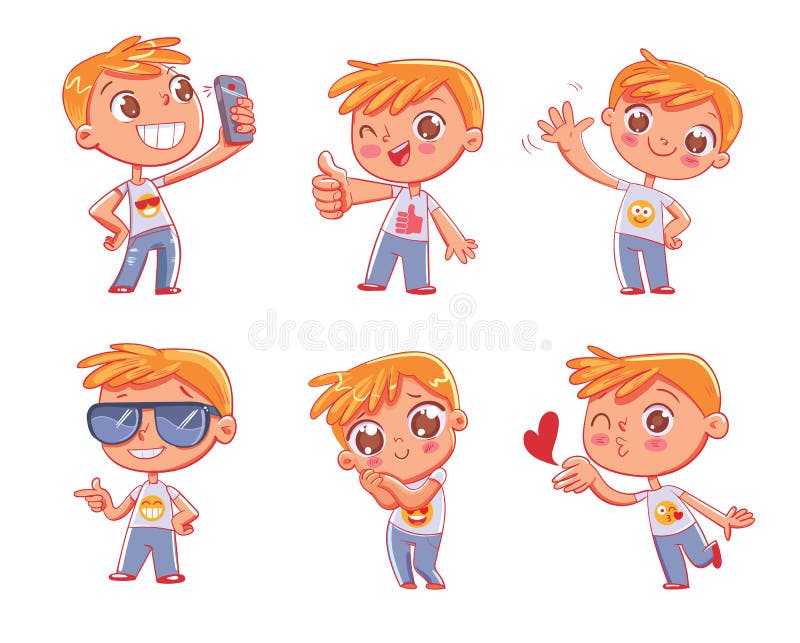 Cute little boy with different emotions. Emoji Stickers Emotions. Funny cartoon colorful character. Set. Isolated on white background. Vector illustration