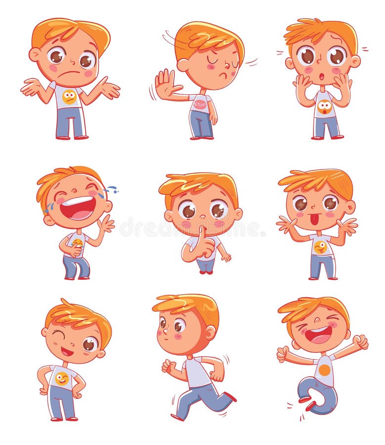 Cute little boy with different emotions. Emoji Stickers Emotions. Funny cartoon colorful character. Set for online communication, networking, social media chat, mobile message. Isolated on white