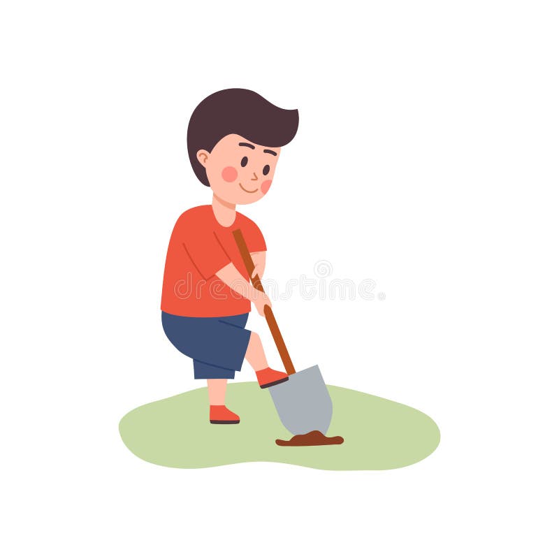 Cute Boy Digging with Shovel, Little Kid Working on Farm Cartoon Style ...