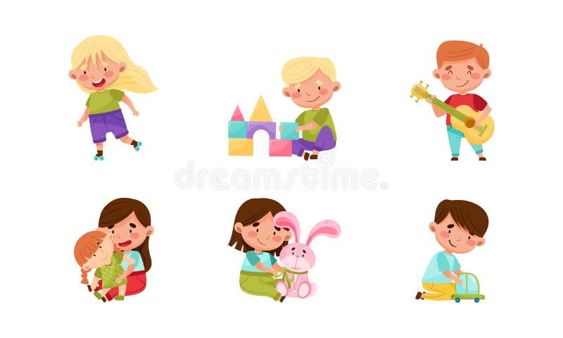 Happy little boy playing with toys, Stock vector