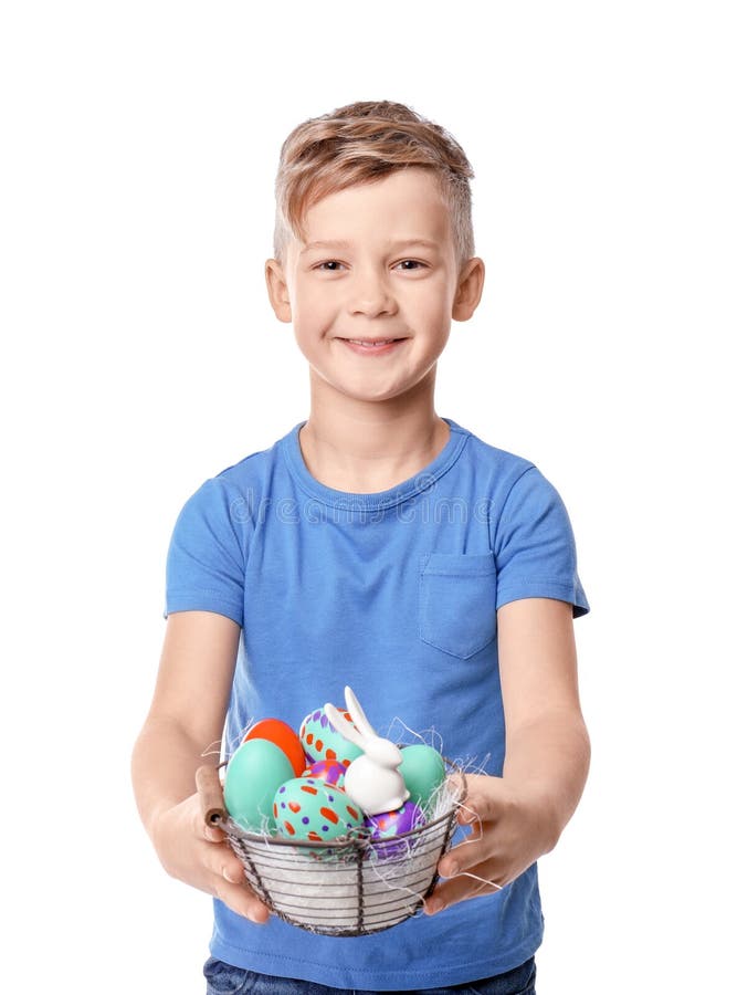 Cute Little Boy Holding Basket with Easter Eggs on White Background