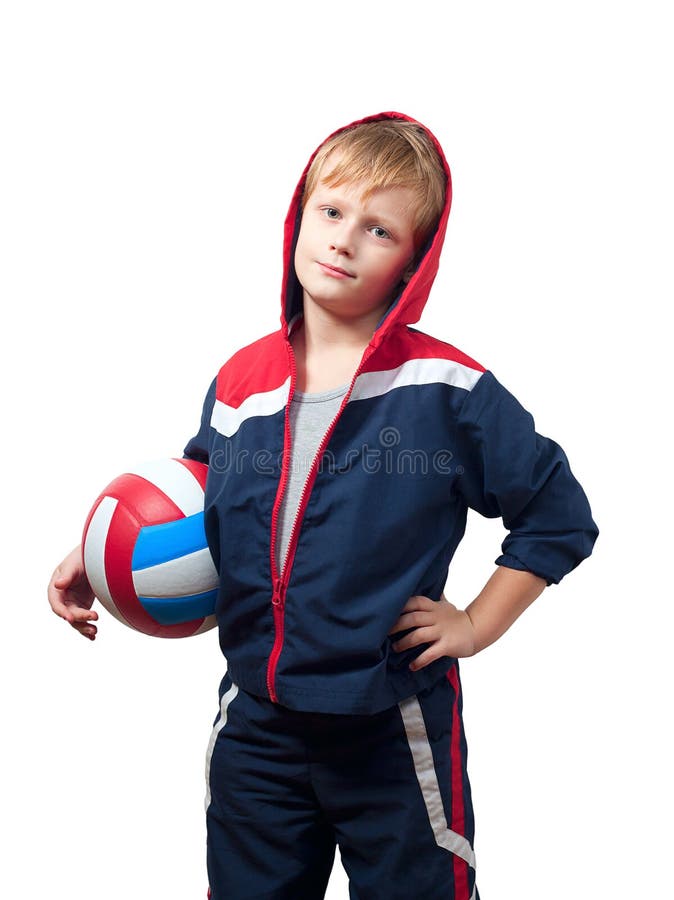 The Cute Little Boy in a Jumpsuit Holds a Volleyball Stock Photo ...