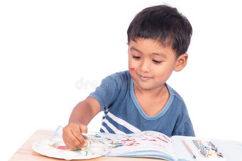 Cute little boy play watercolor royalty free stock images